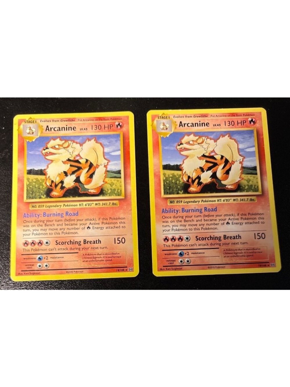Arcanine Pokémon Card XY Evolutions 18/108 Burning Road Holo Rare 2016 lot of 2